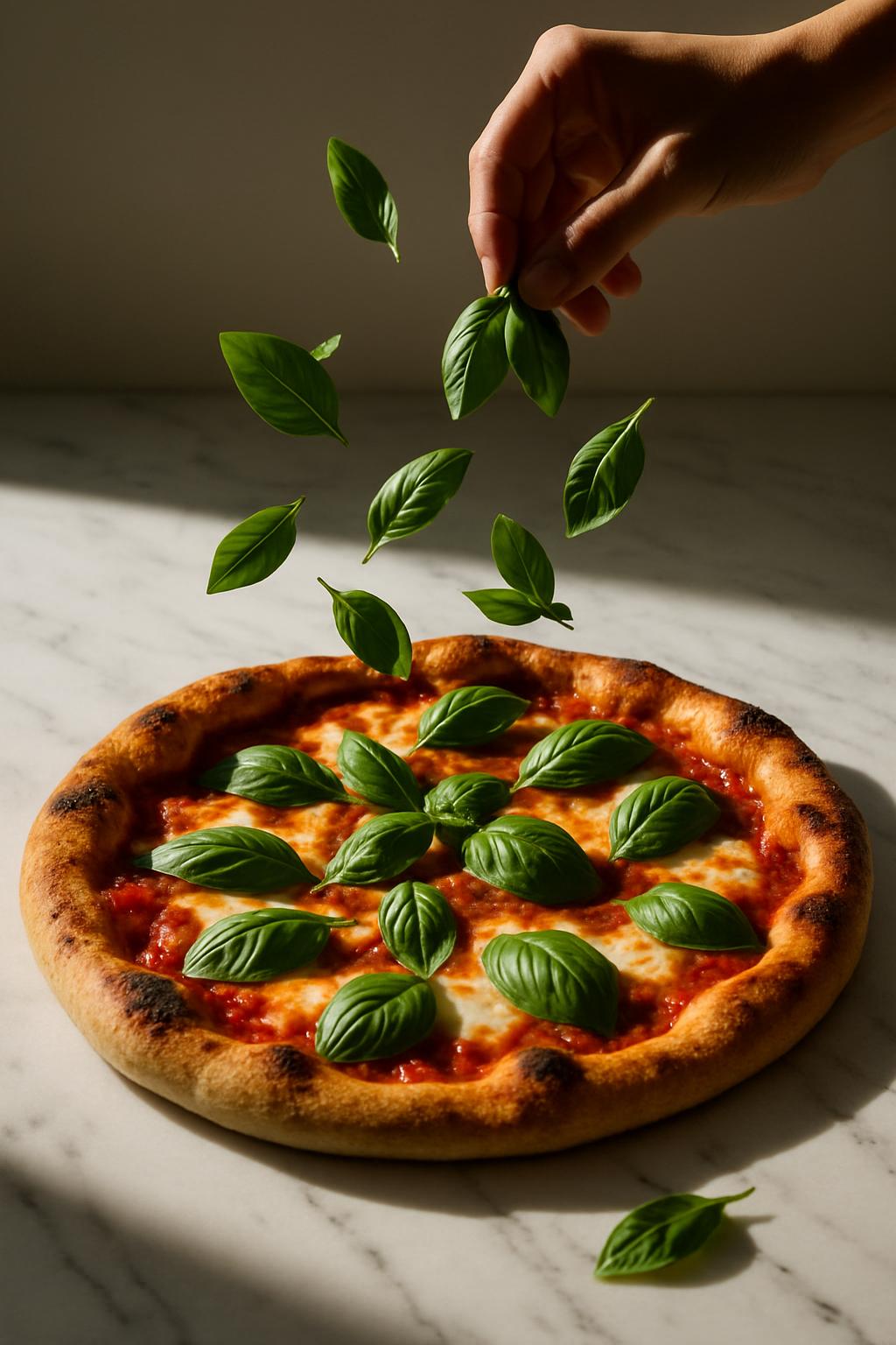 La pizza est recouvert de feuilles de basilic.